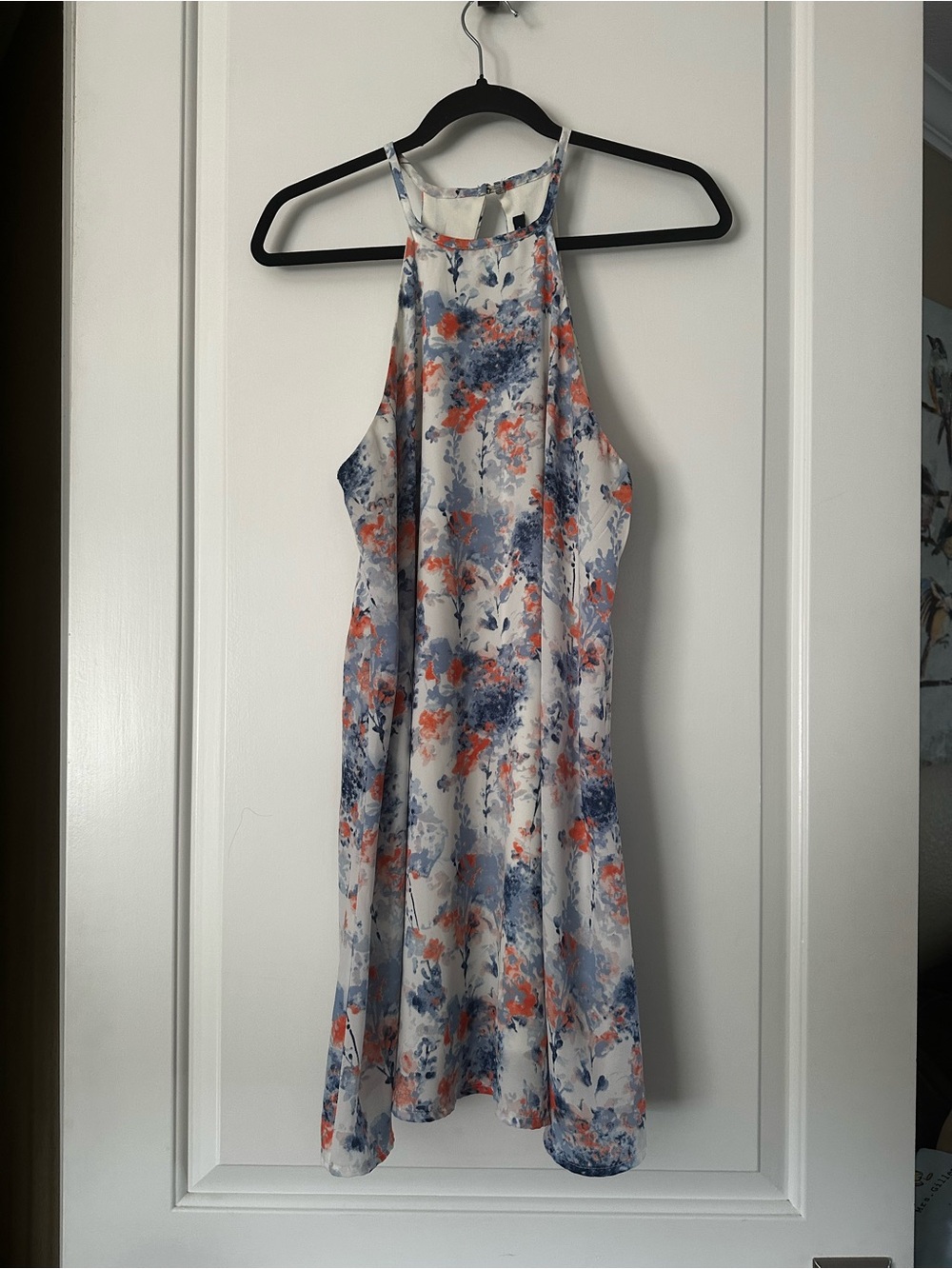 Halter Floral Mini Dress in White with Blue & Coral Print
